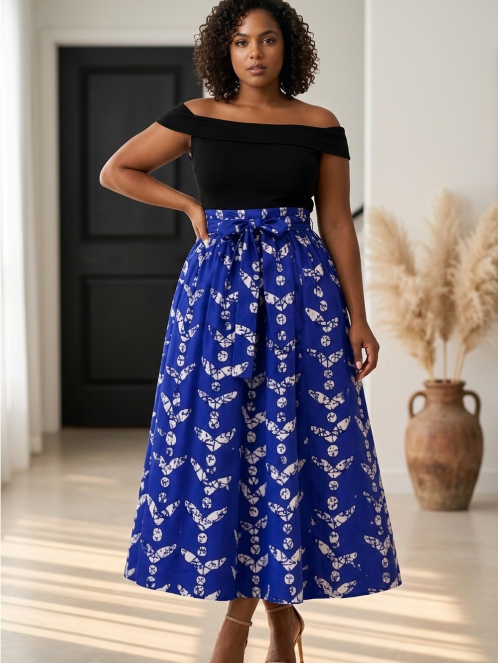 A-Line Blue Printed Maxi Skirt with Self-Tie Waist and Head Wrap